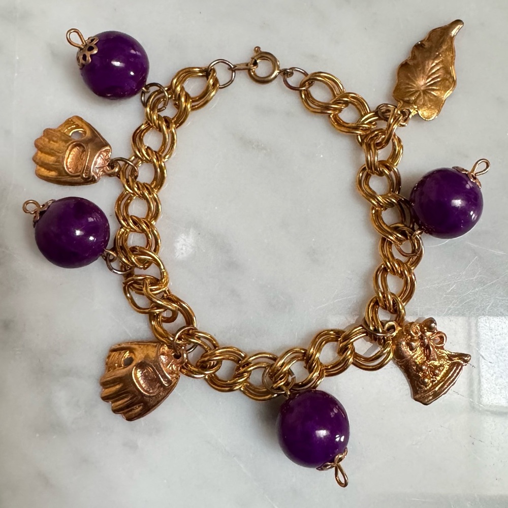 💰SOLD💰 Vintage Gold Chain Charm Bracelet Purple Bead Baseball Gloves Bell 7.5"L